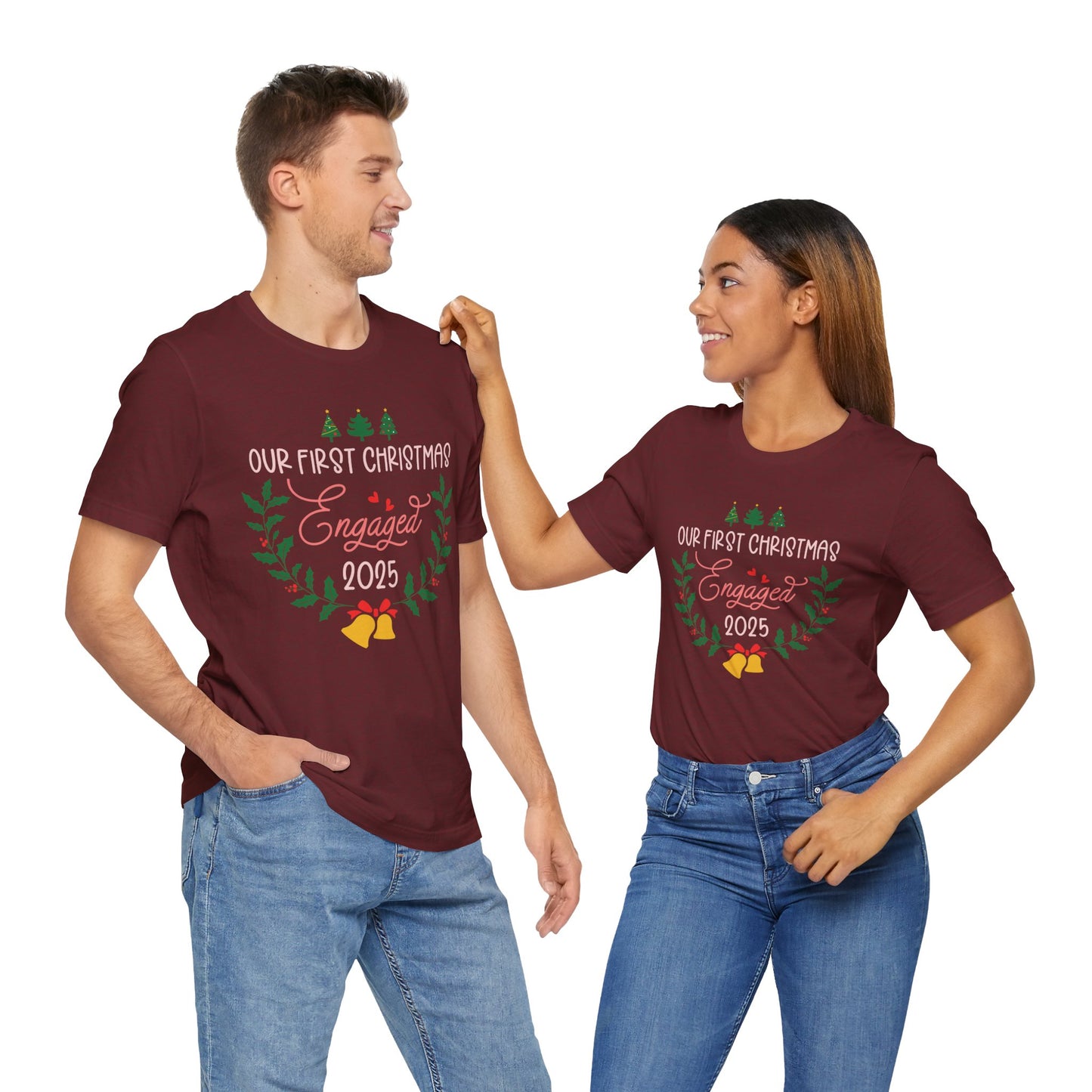 Our First Christmas Engaged 2025 Shirt – Holiday Couple Engagement Gift Tee