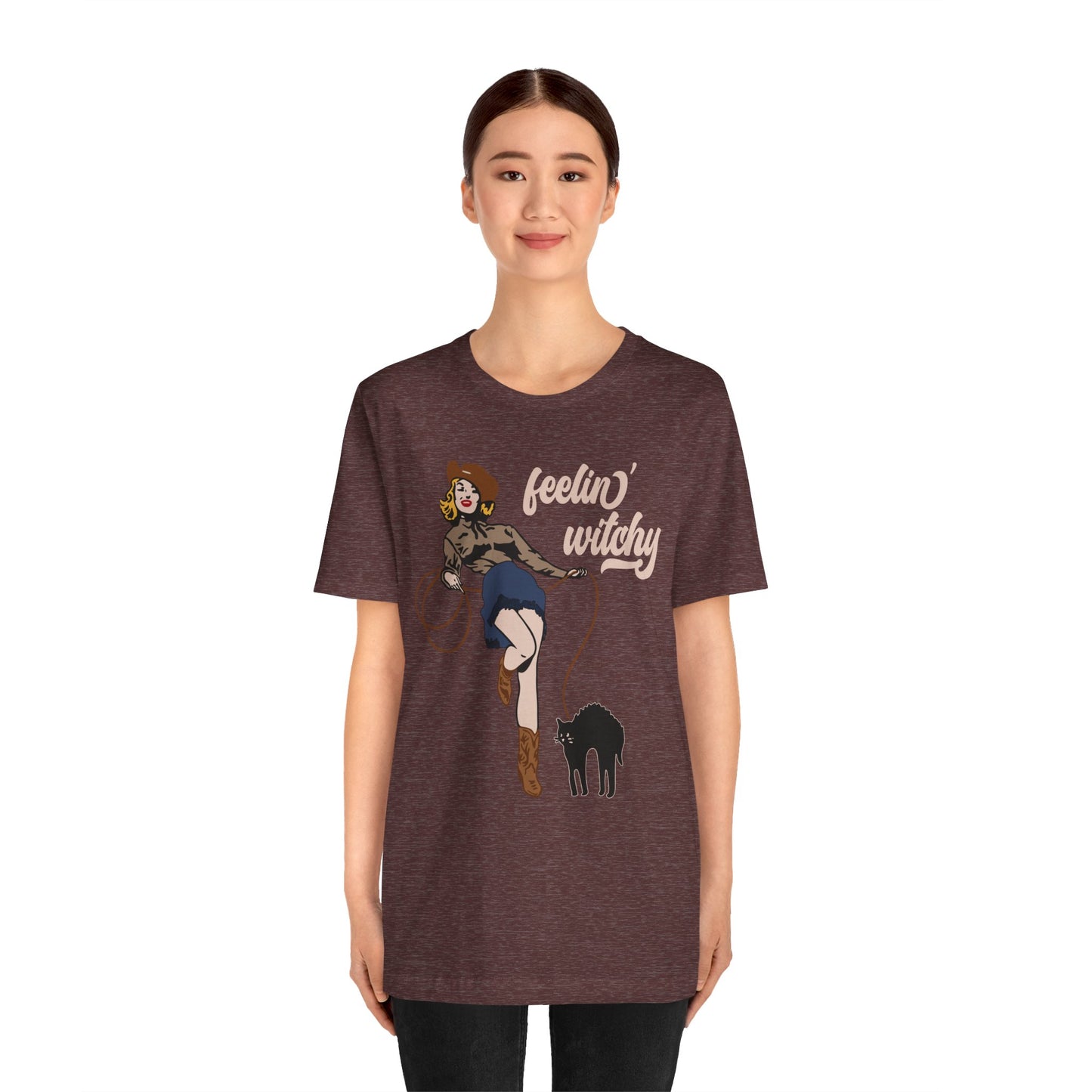 Feeling Witchy Shirt – Vintage Pin-Up Girl & Black Cat Halloween Tee