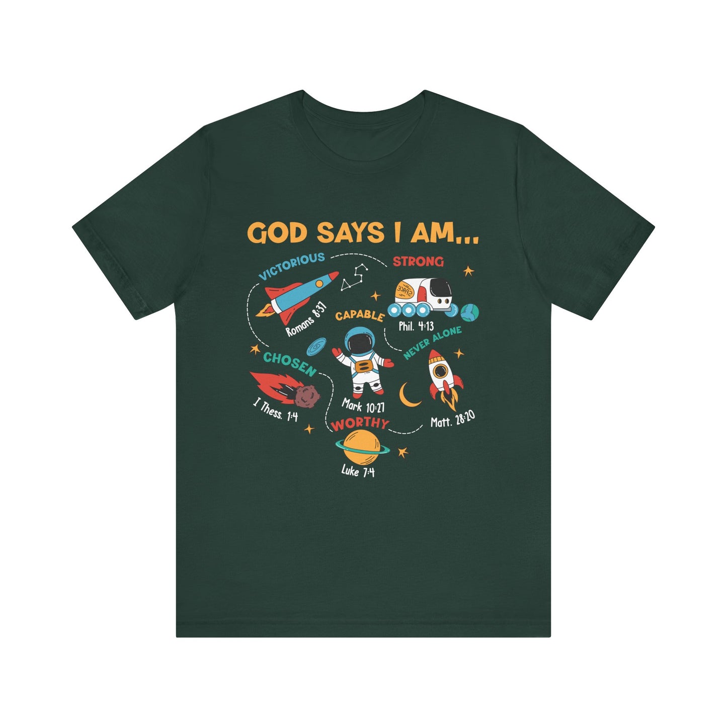 God Says I Am Kids Shirt – Christian Astronaut Space Galaxy Bible Affirmation Tee