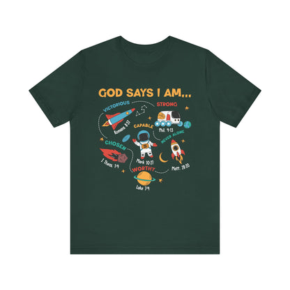 God Says I Am Kids Shirt – Christian Astronaut Space Galaxy Bible Affirmation Tee