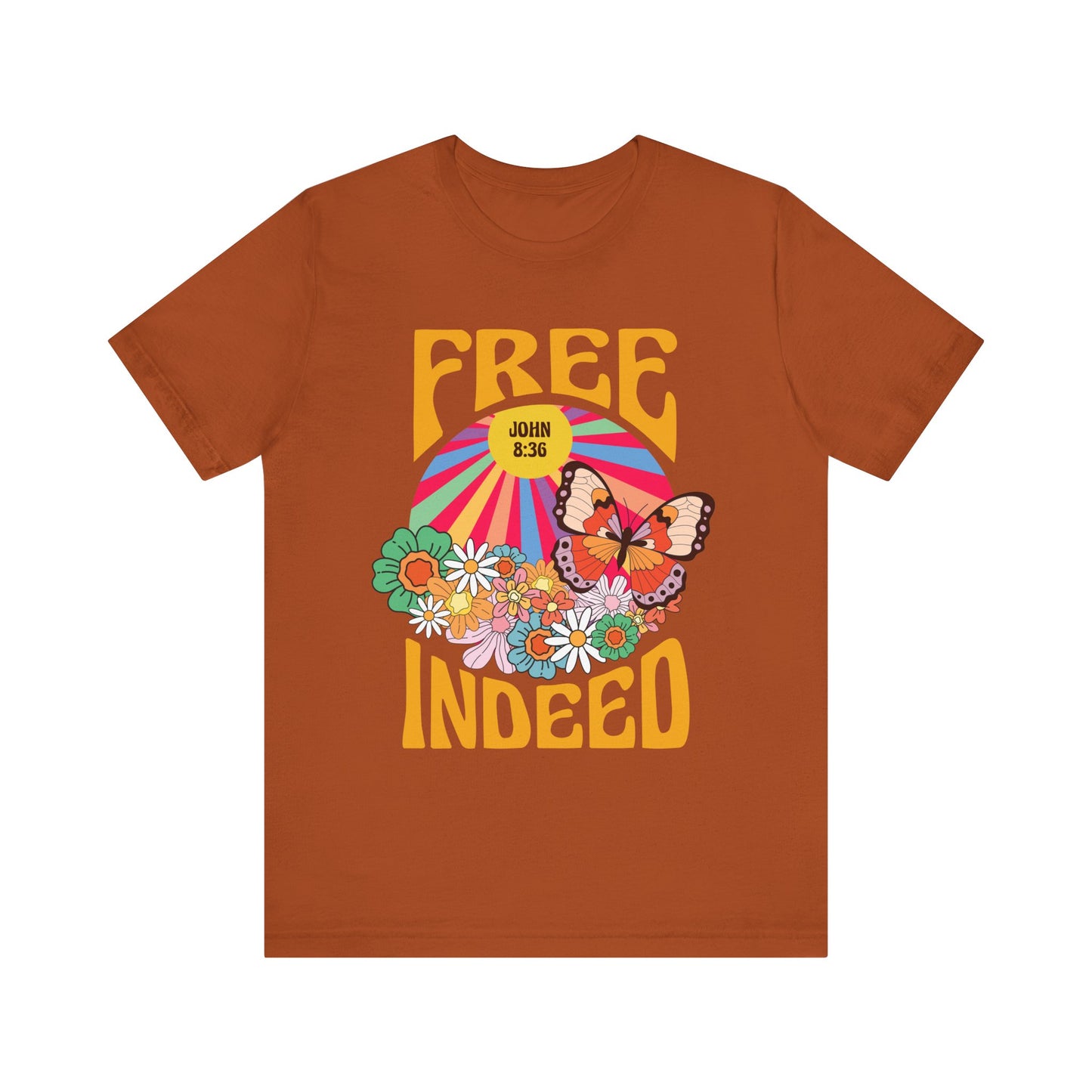 Free Indeed Shirt – Retro Flowers & Butterflies 80s John 8:36 Christian Tee