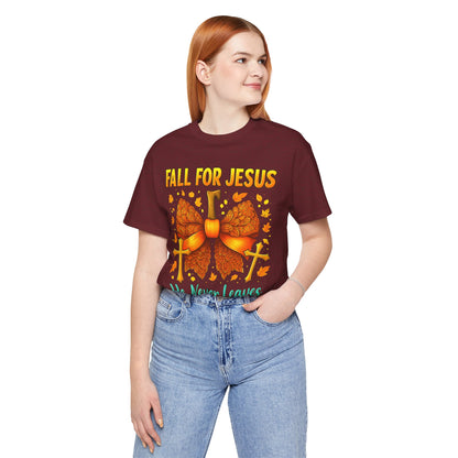 Fall for Jesus He Never Leaves Shirt – Christian Pumpkin Bow Thanksgiving Tee