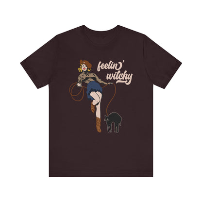 Feeling Witchy Shirt – Vintage Pin-Up Girl & Black Cat Halloween Tee
