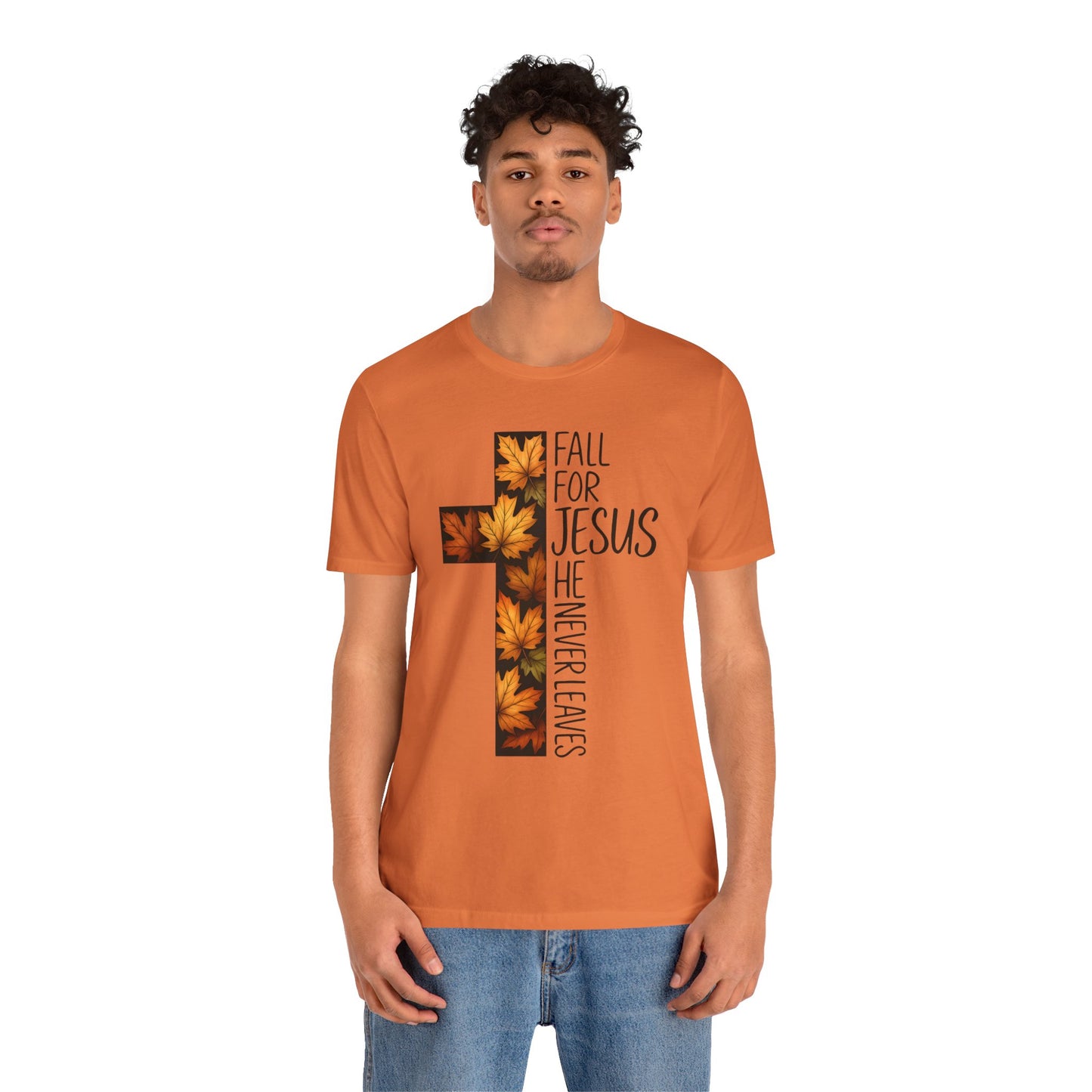 Fall for Jesus He Never Leaves Shirt – Retro Christian Cross Thanksgiving Tee