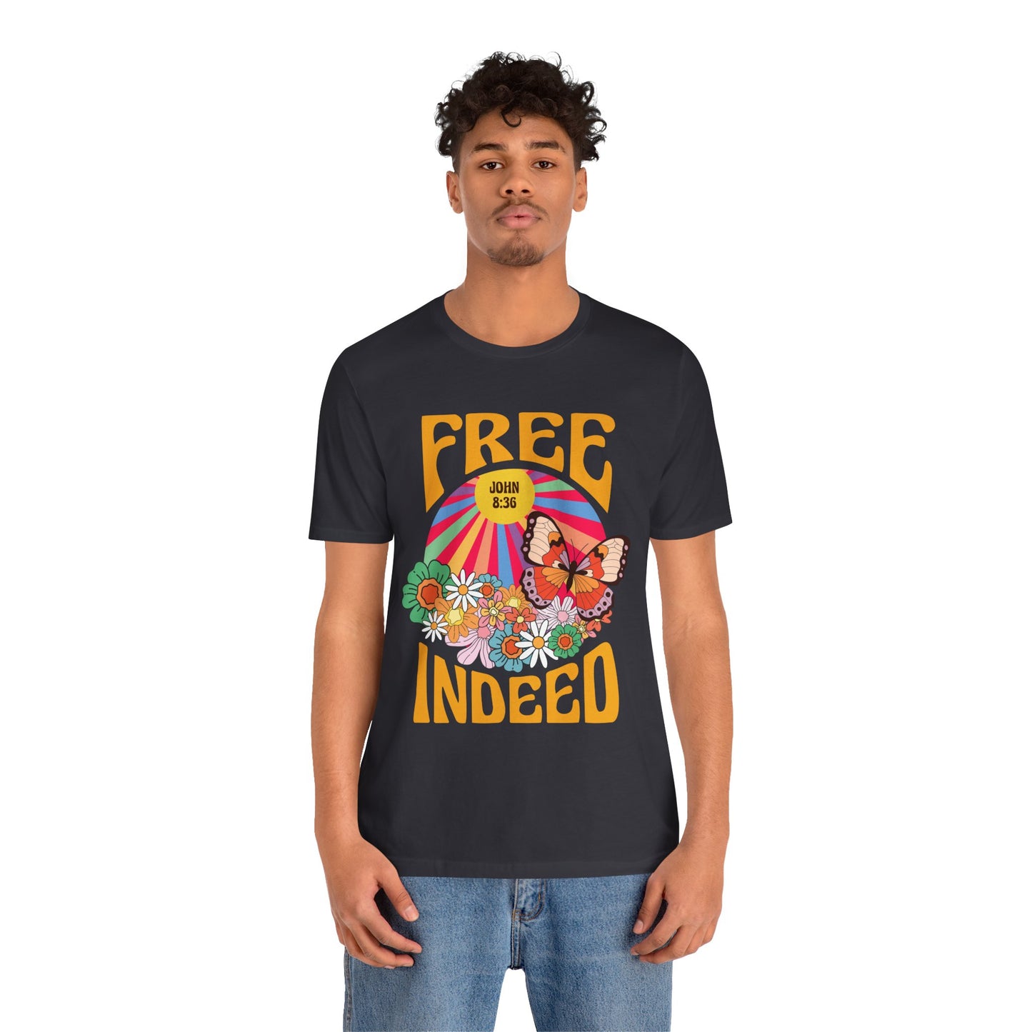 Free Indeed Shirt – Retro Flowers & Butterflies 80s John 8:36 Christian Tee
