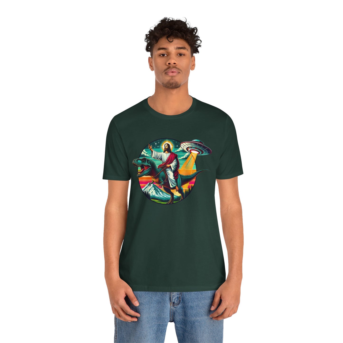 Jesus Riding Dinosaur Shirt – UFO Alien Cross Retro Christian God Tee