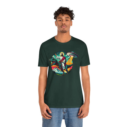 Jesus Riding Dinosaur Shirt – UFO Alien Cross Retro Christian God Tee