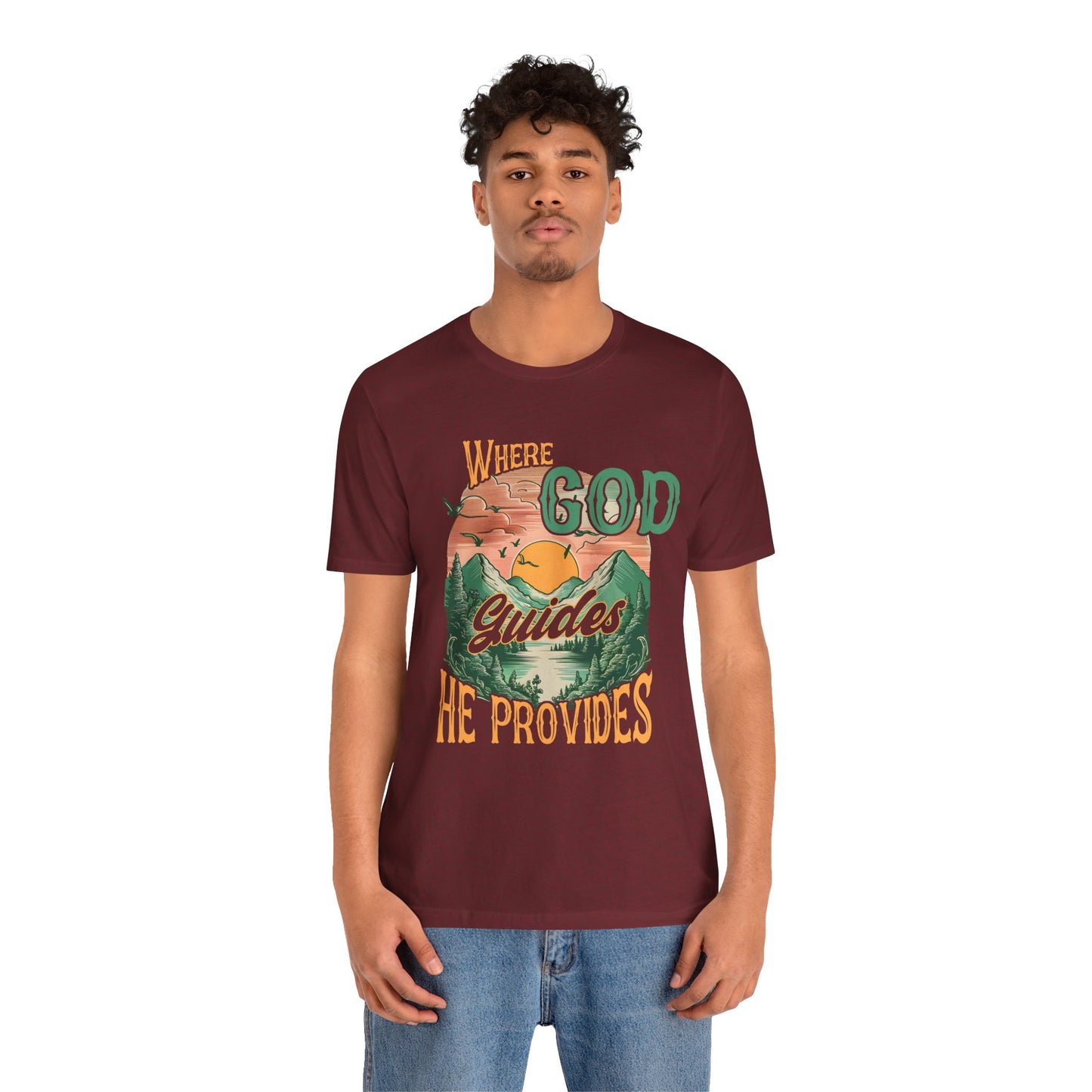 Where God Guides He Provides Shirt – Mountain Sunset Retro Christian Tee