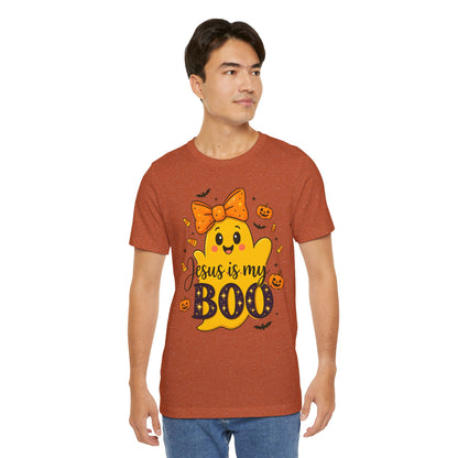 Jesus Is My Boo Shirt – Cute Christian Ghost with Bow Halloween Faith Tee