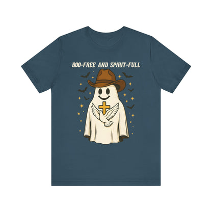 Boo Free and Spirit Full Shirt – Christian Ghost Cowboy Halloween Faith Tee