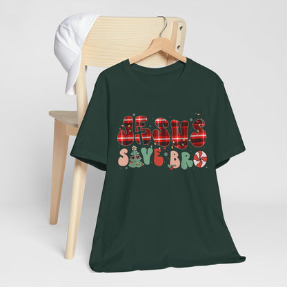 Groovy Jesus Saves Bro Shirt – Retro Red Plaid Christian Christmas Tee