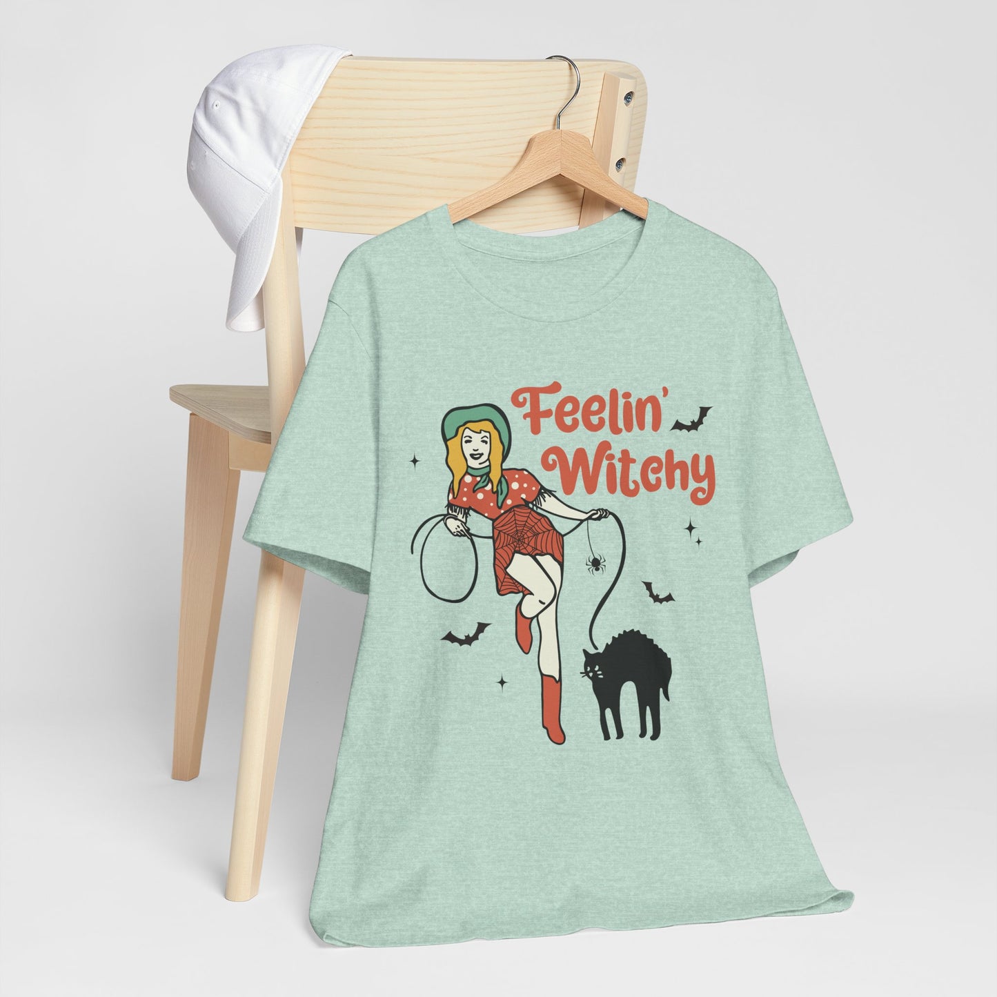 Feelin’ Witchy Shirt Vintage Pin-Up Witch & Black Cat Halloween Tee