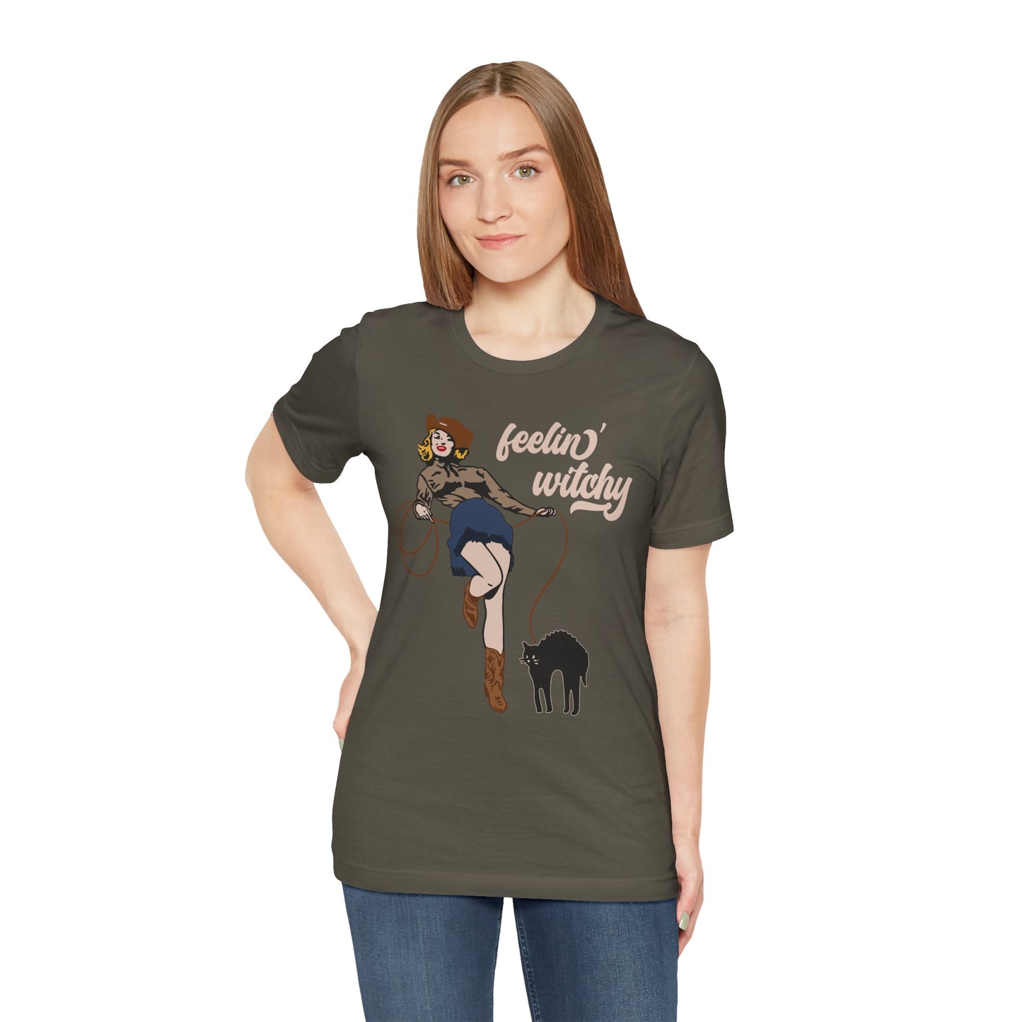 Feeling Witchy Shirt – Vintage Pin-Up Girl & Black Cat Halloween Tee