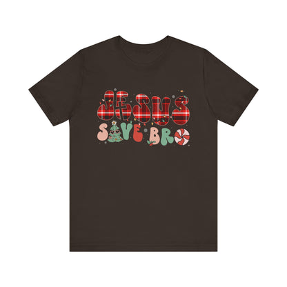 Groovy Jesus Saves Bro Shirt – Retro Red Plaid Christian Christmas Tee