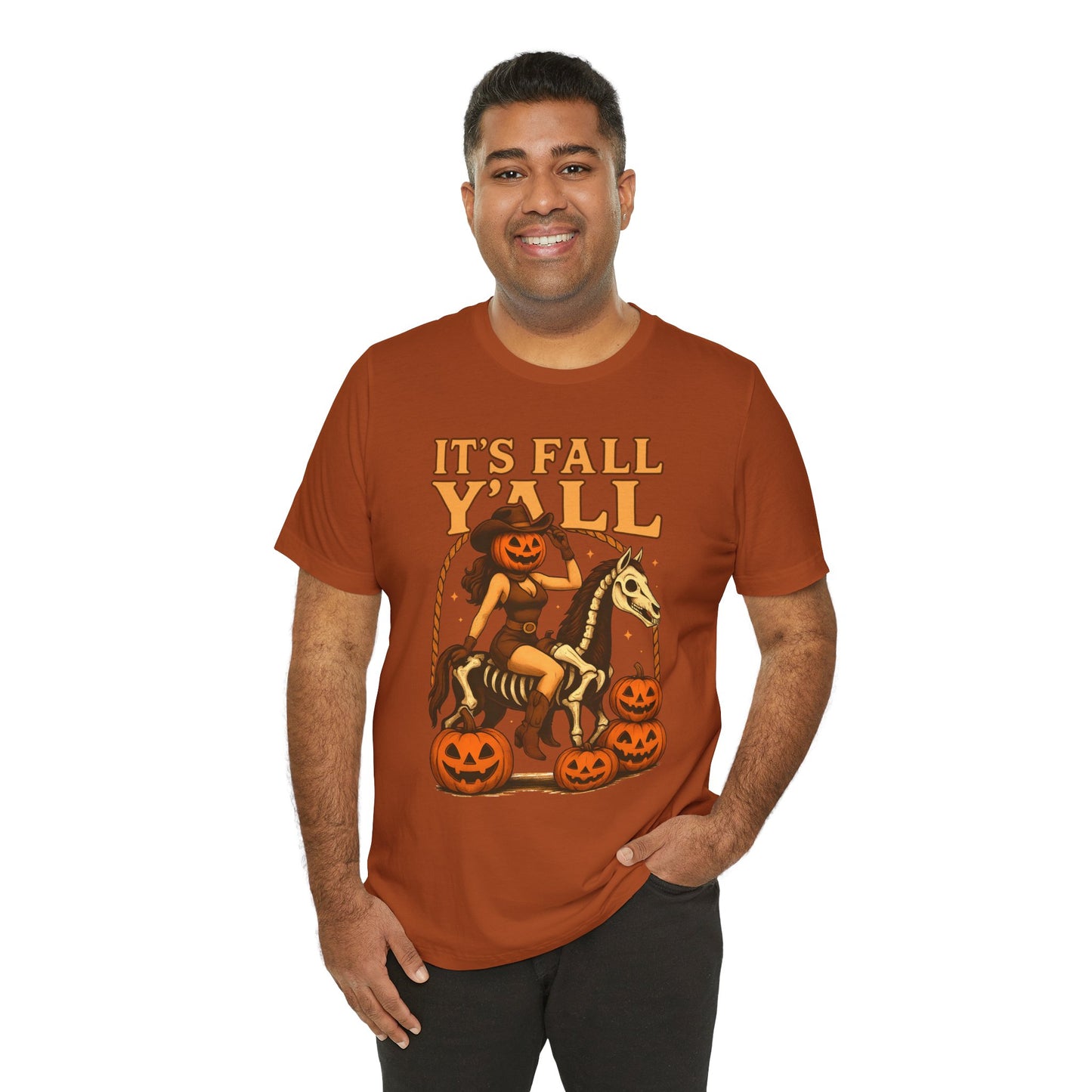It’s Fall Y’all Shirt – Pumpkin Head Cowgirl Skeleton Horse Western Tee