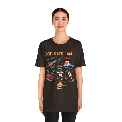 God Says I Am Kids Shirt – Christian Astronaut Space Galaxy Bible Affirmation Tee