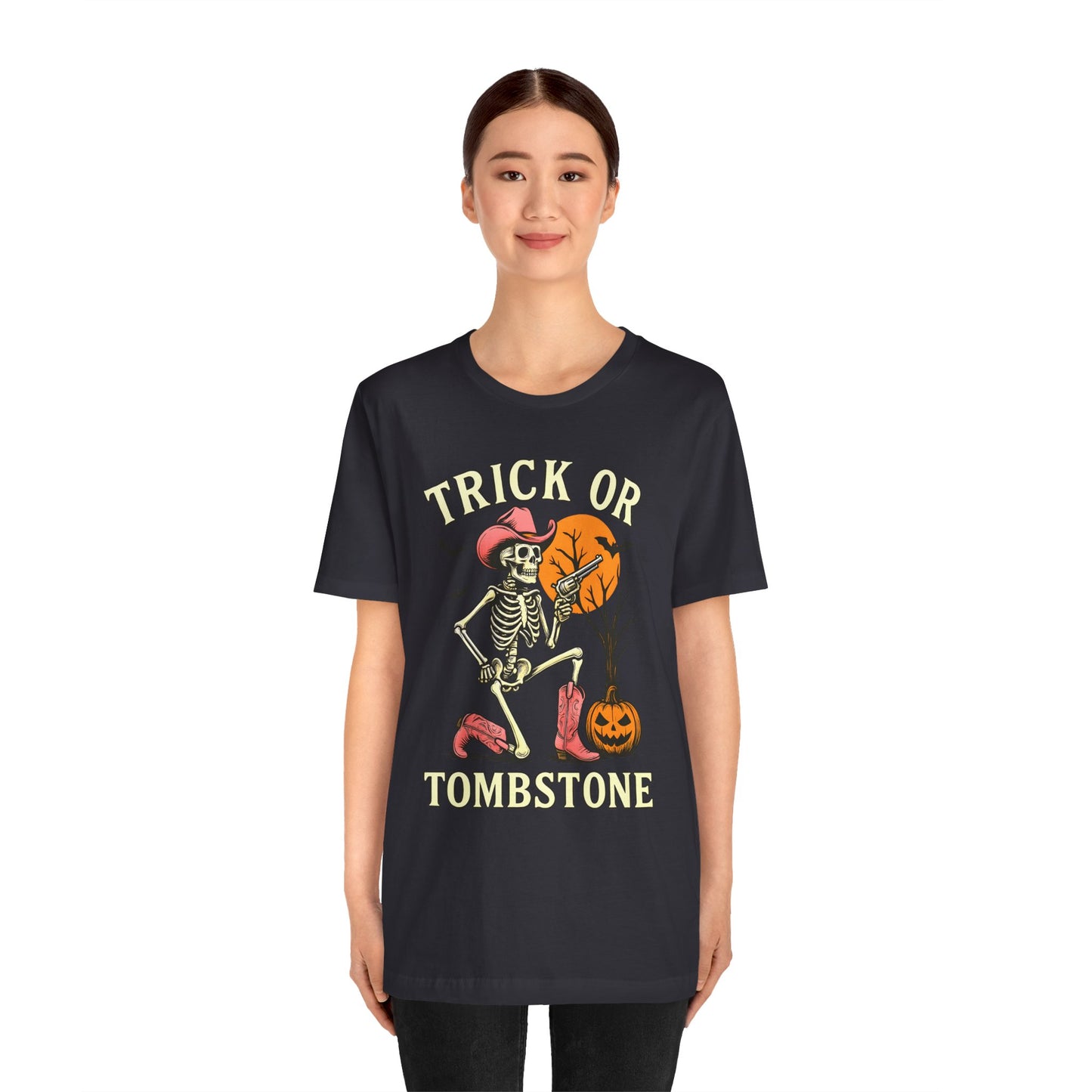 Trick or Tombstone Shirt Funny Skeleton Cowboy Halloween Tee, Spooky Western Rodeo Outfit