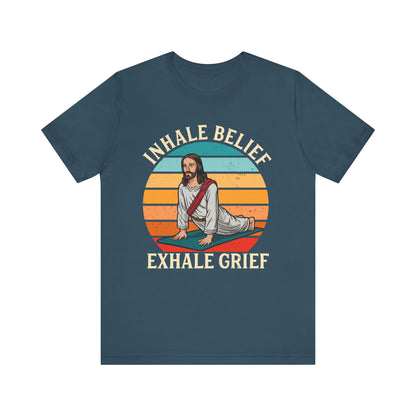 Jesus Inhale Belief Exhale Grief Shirt – Christian Yoga Retro Faith Wellness Tee