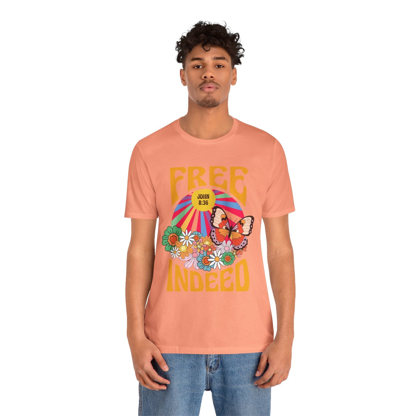 Free Indeed Shirt – Retro Flowers & Butterflies 80s John 8:36 Christian Tee