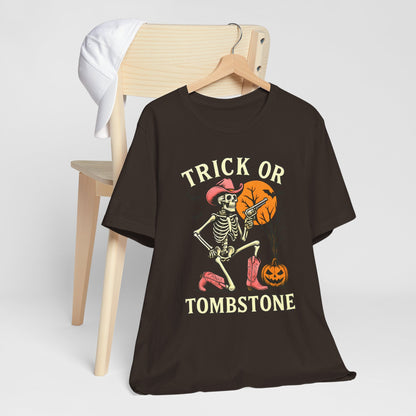 Trick or Tombstone Shirt Funny Skeleton Cowboy Halloween Tee, Spooky Western Rodeo Outfit