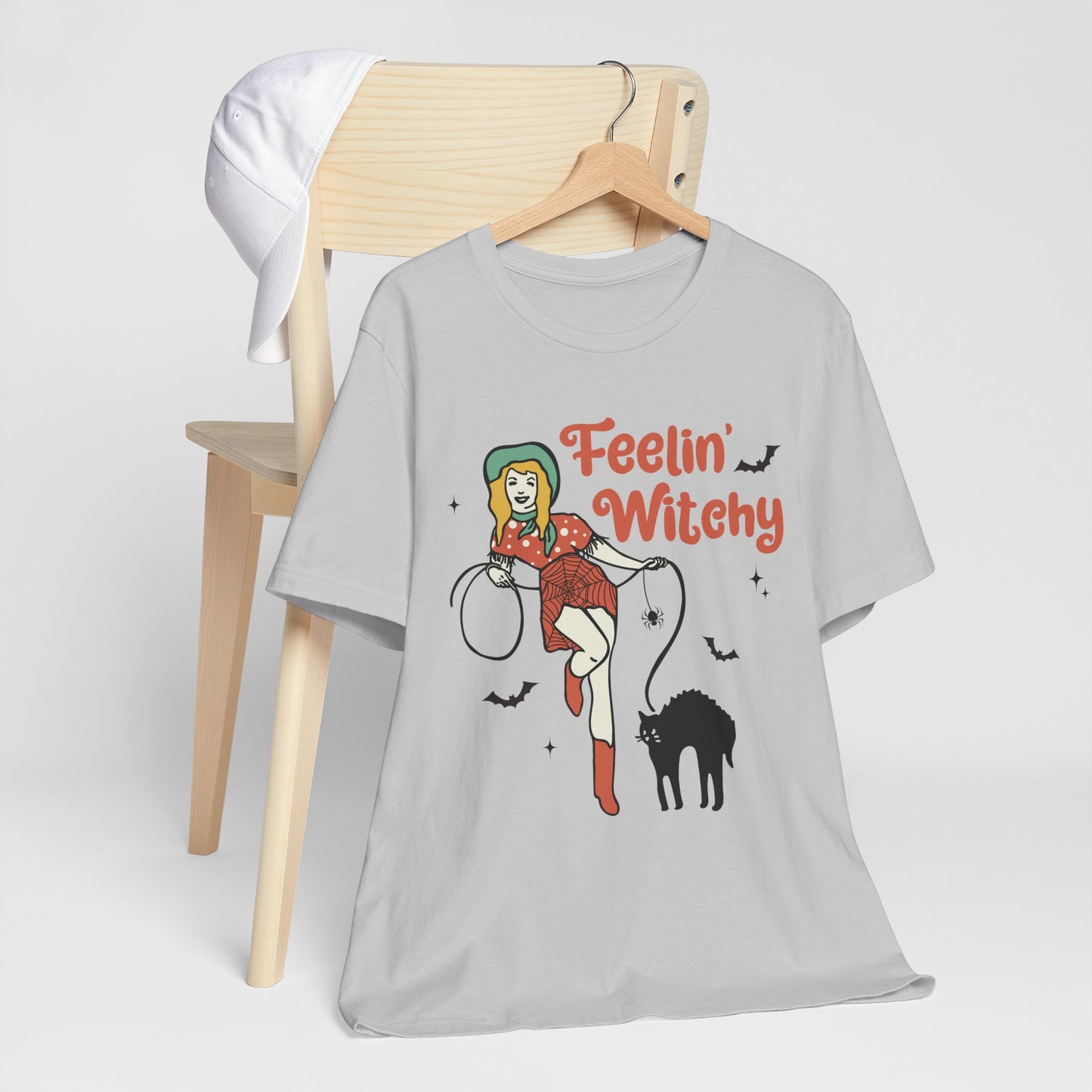Feelin’ Witchy Shirt Vintage Pin-Up Witch & Black Cat Halloween Tee