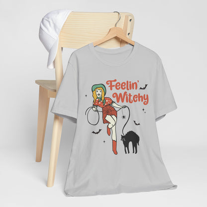 Feelin’ Witchy Shirt Vintage Pin-Up Witch & Black Cat Halloween Tee