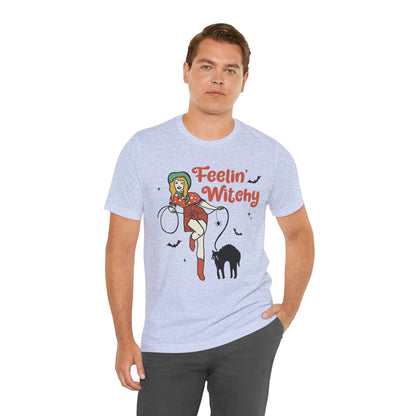 Feelin’ Witchy Shirt Vintage Pin-Up Witch & Black Cat Halloween Tee