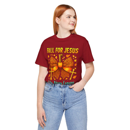Fall for Jesus He Never Leaves Shirt – Christian Pumpkin Bow Thanksgiving Tee