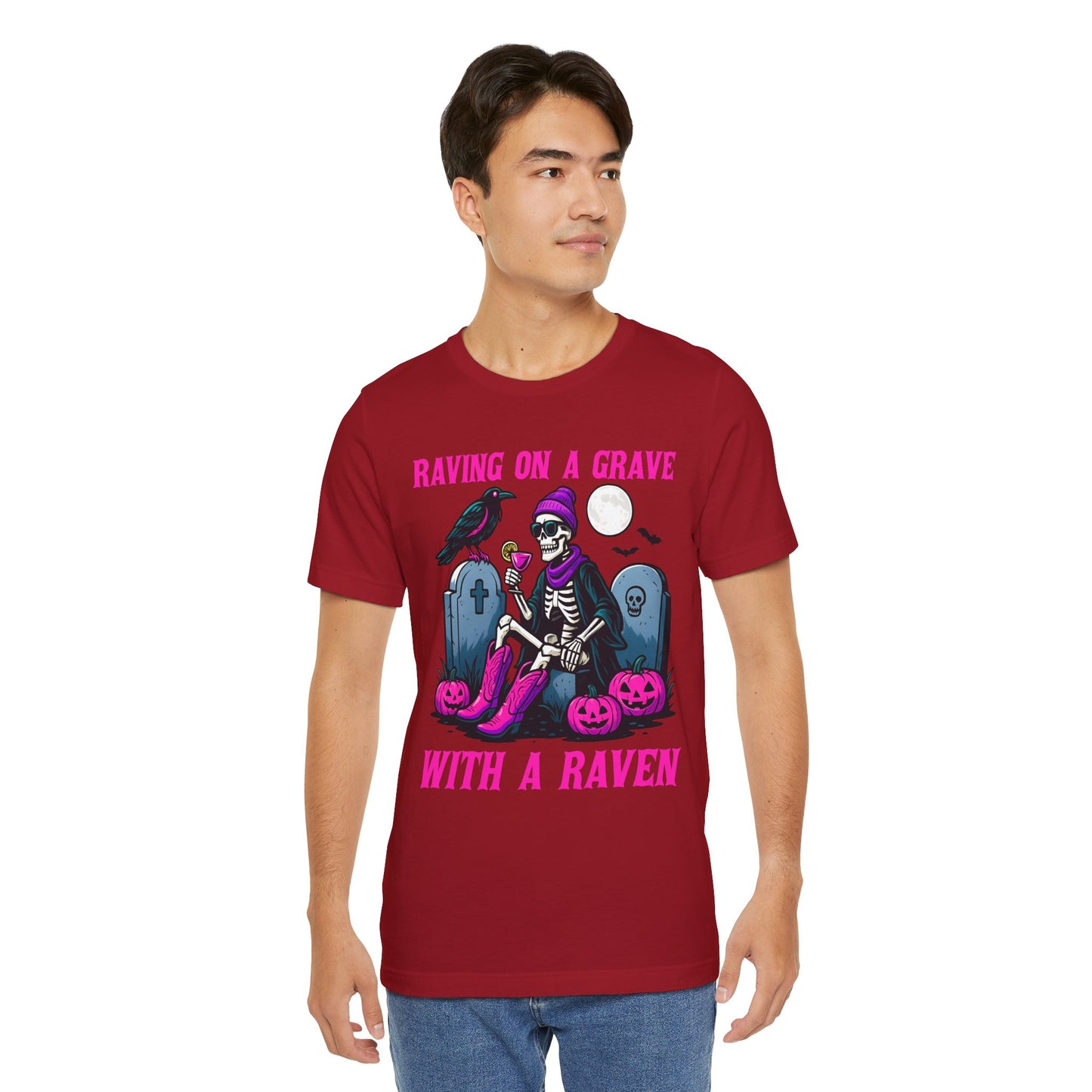Raving on a Grave Shirt – Halloween Skeleton Raven Gothic Party Tee
