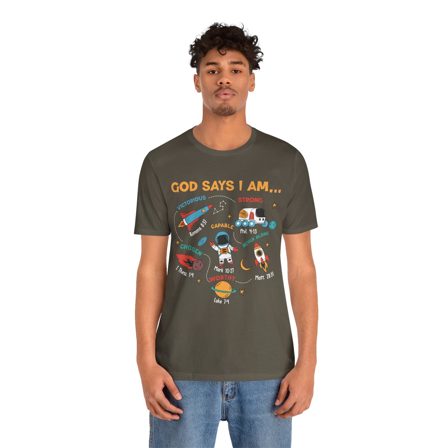 God Says I Am Kids Shirt – Christian Astronaut Space Galaxy Bible Affirmation Tee