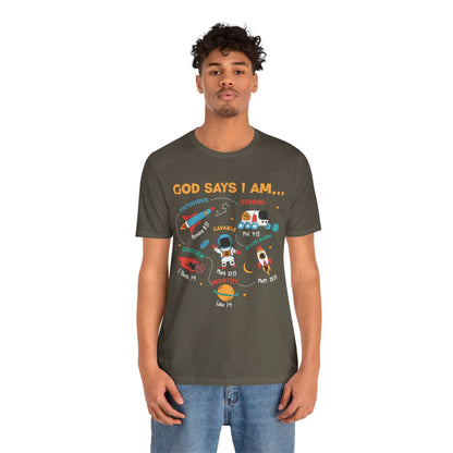 God Says I Am Kids Shirt – Christian Astronaut Space Galaxy Bible Affirmation Tee