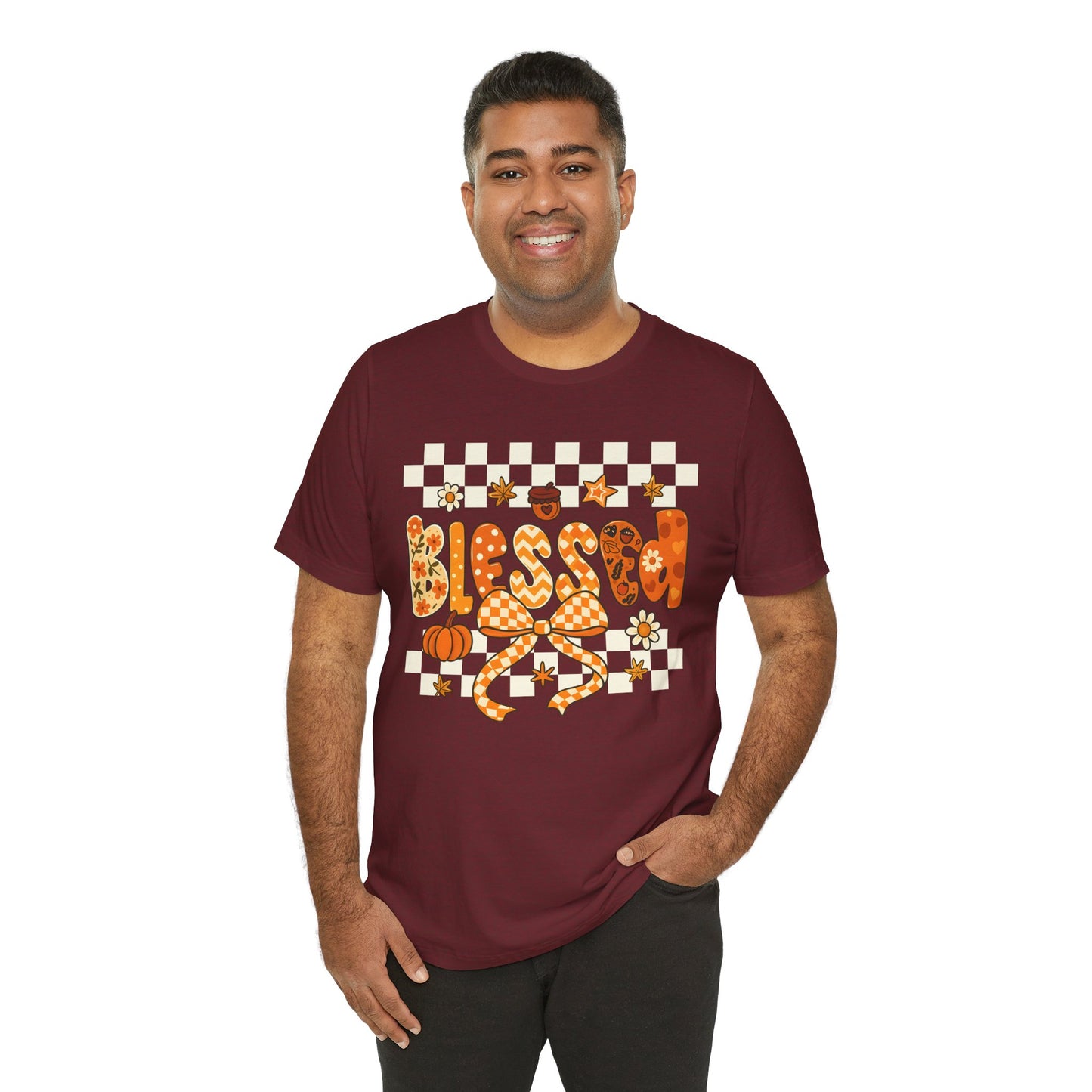 Blessed Checkerboard Pumpkin Shirt – Christian Thankful Fall Thanksgiving Tee