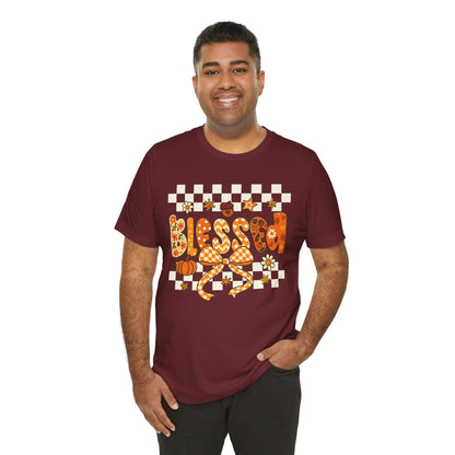 Blessed Checkerboard Pumpkin Shirt – Christian Thankful Fall Thanksgiving Tee