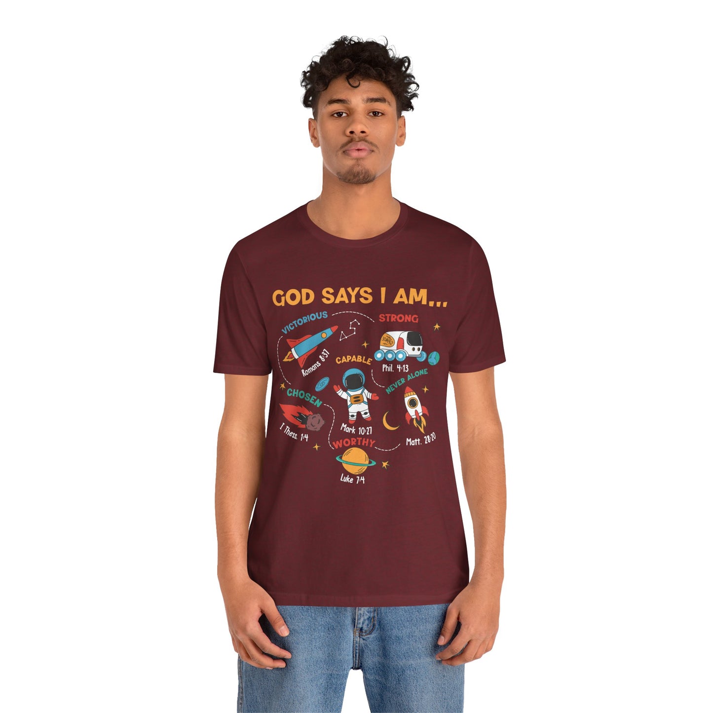 God Says I Am Kids Shirt – Christian Astronaut Space Galaxy Bible Affirmation Tee