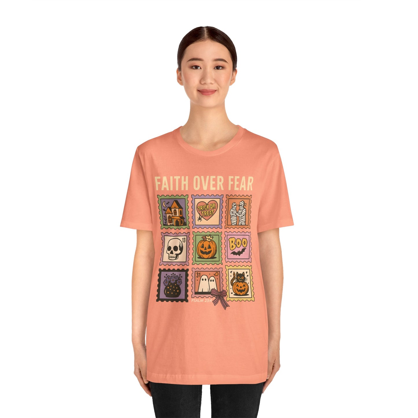 Faith Over Fear Shirt, Christian Halloween Stamp T-Shirt, Religious Spooky Season Tee