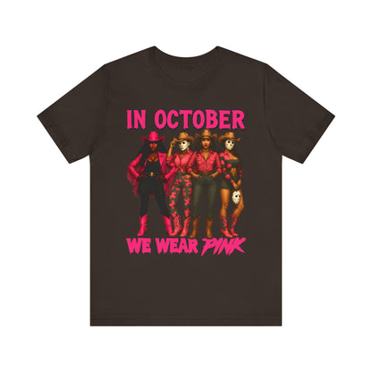 In October We Wear Pink Shirt – Western Cowgirl Squad Halloween Awareness Tee