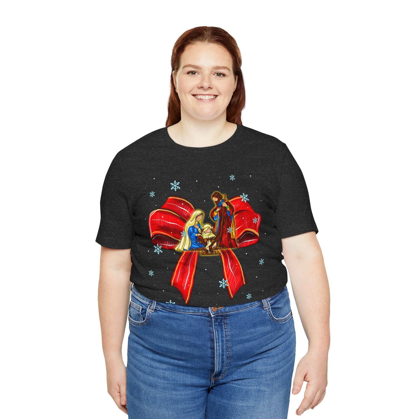 Nativity Scene Christmas Shirt – Coquette Bow Faith Tee, Jesus Holiday Pajama Top