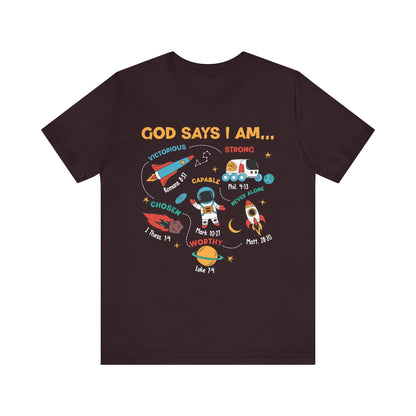 God Says I Am Kids Shirt – Christian Astronaut Space Galaxy Bible Affirmation Tee