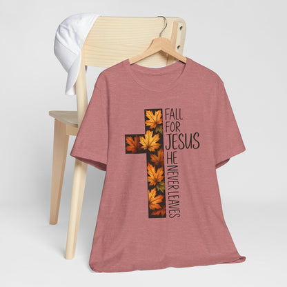 Fall for Jesus He Never Leaves Shirt – Retro Christian Cross Thanksgiving Tee