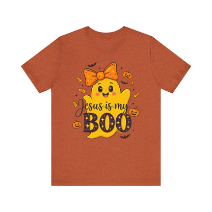 Jesus Is My Boo Shirt – Cute Christian Ghost with Bow Halloween Faith Tee