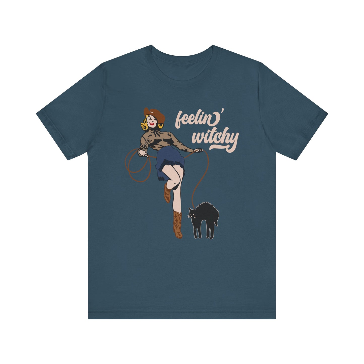 Feeling Witchy Shirt – Vintage Pin-Up Girl & Black Cat Halloween Tee
