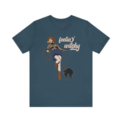 Feeling Witchy Shirt – Vintage Pin-Up Girl & Black Cat Halloween Tee