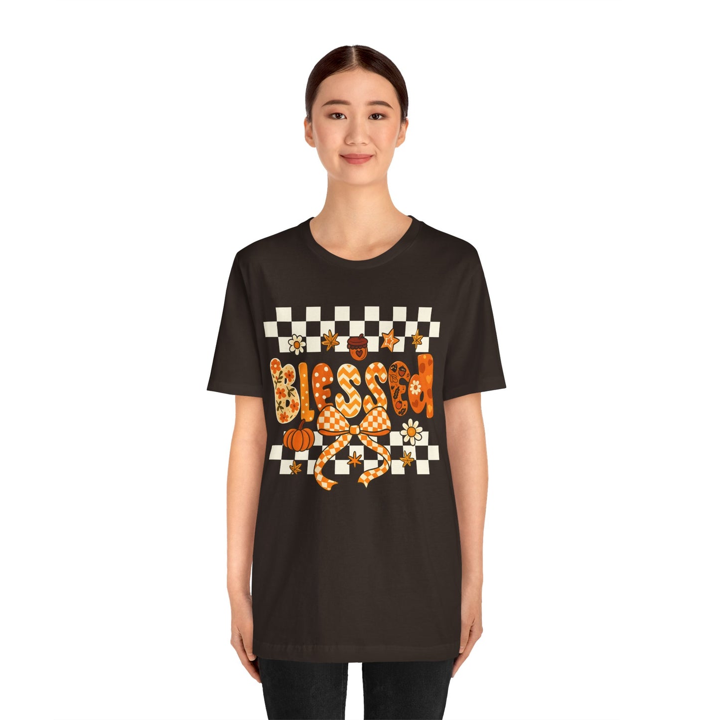 Blessed Checkerboard Pumpkin Shirt – Christian Thankful Fall Thanksgiving Tee
