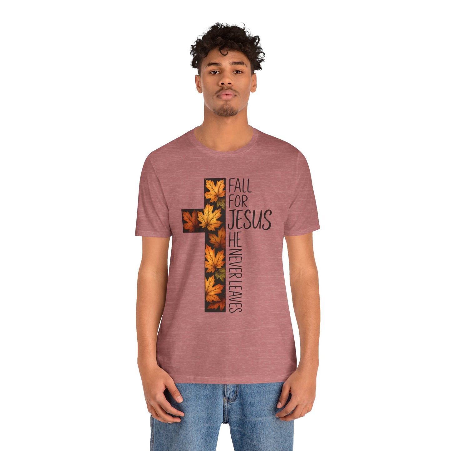 Fall for Jesus He Never Leaves Shirt – Retro Christian Cross Thanksgiving Tee