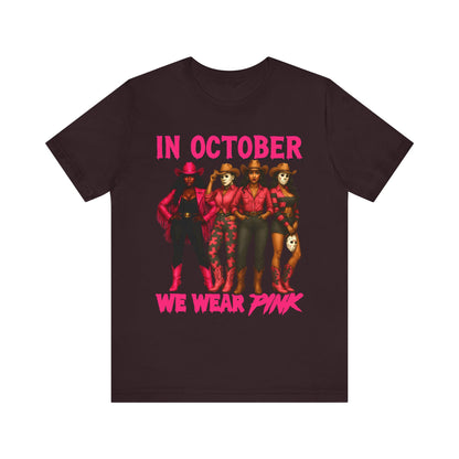 In October We Wear Pink Shirt – Western Cowgirl Squad Halloween Awareness Tee