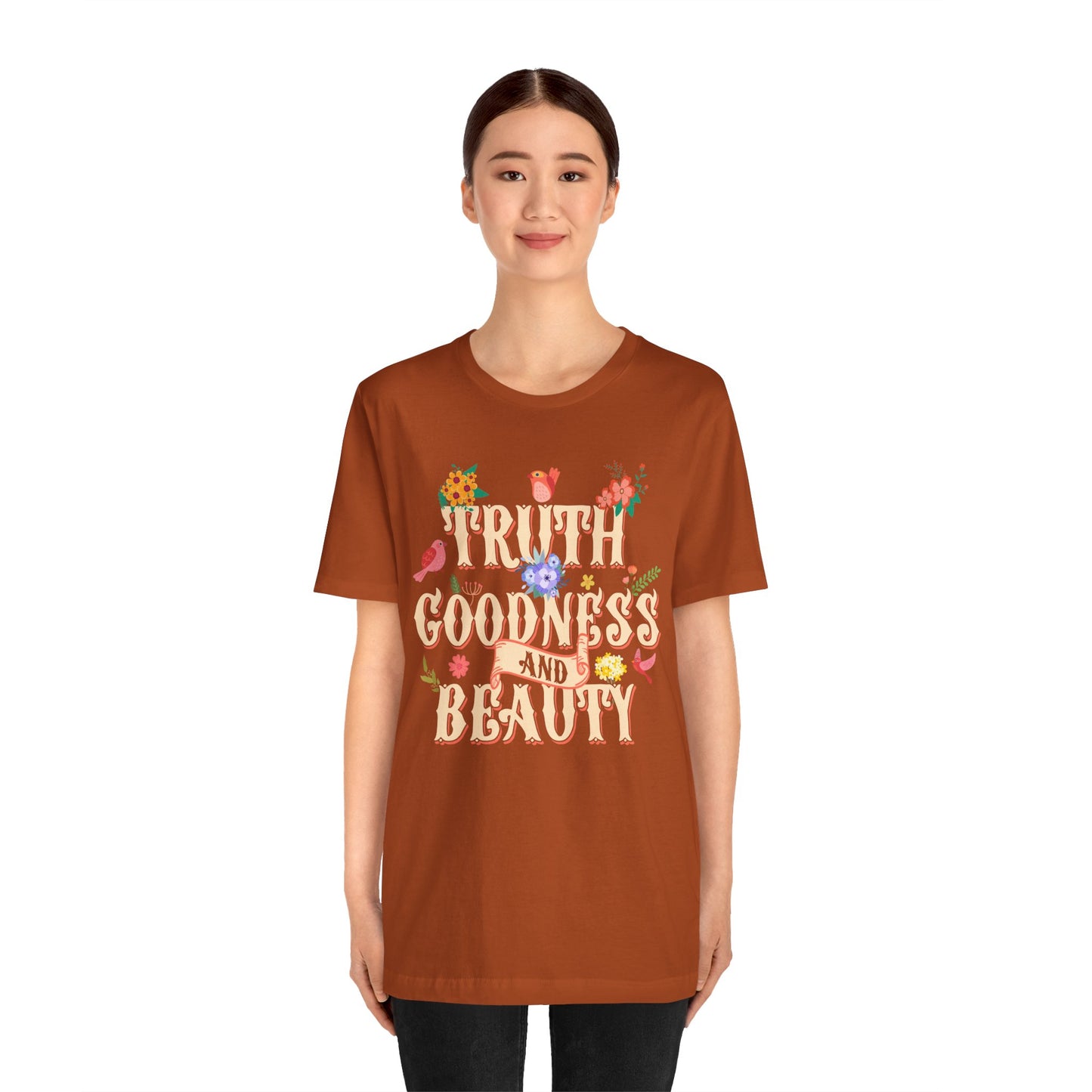 Truth Goodness and Beauty Shirt – Retro Floral Christian Virtue Faith Tee for Women