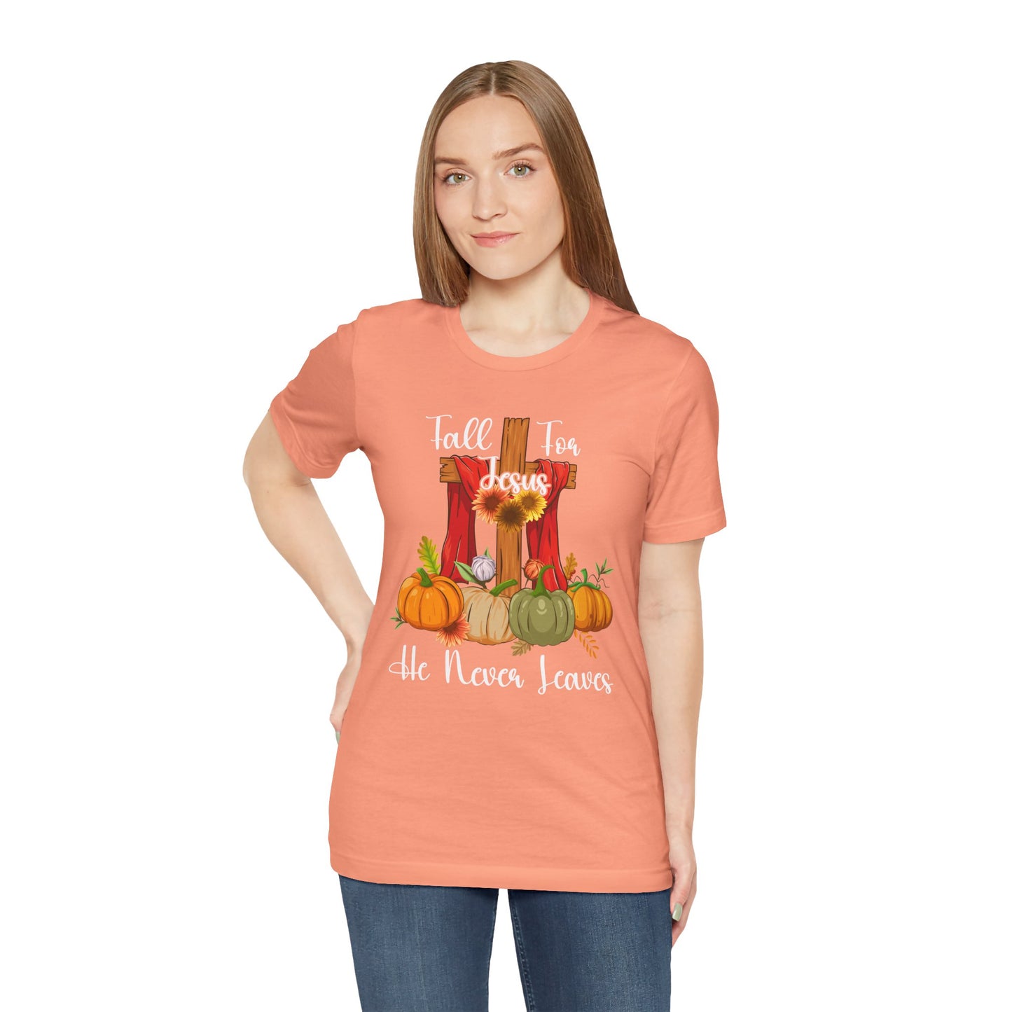 Fall for Jesus He Never Leaves Shirt – Retro Christian Thanksgiving Faith Tee