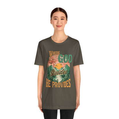 Where God Guides He Provides Shirt – Mountain Sunset Retro Christian Tee
