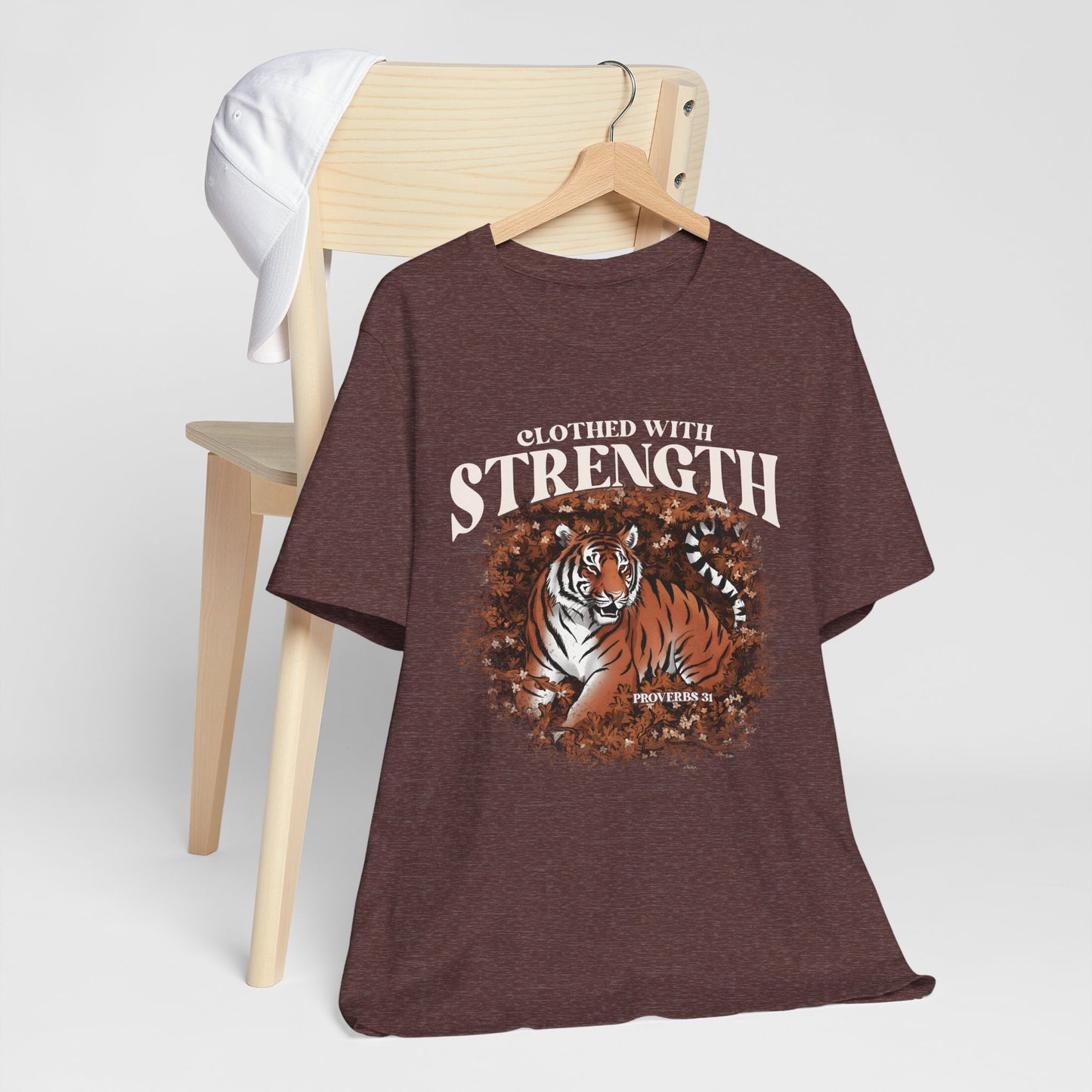 Clothed With Strength Shirt – Christian Tiger Cherry Blossom Proverbs 31:25 Tee
