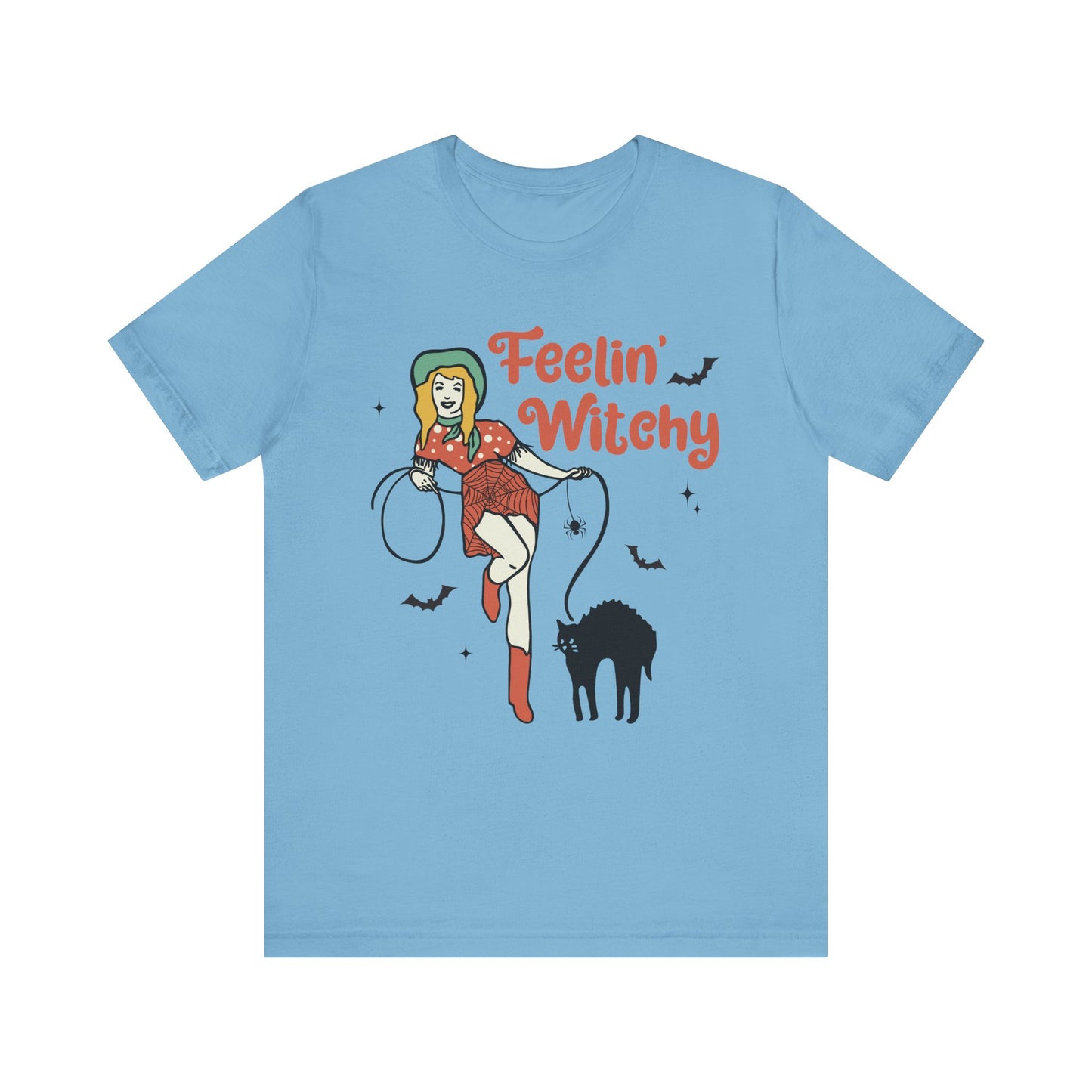 Feelin’ Witchy Shirt Vintage Pin-Up Witch & Black Cat Halloween Tee
